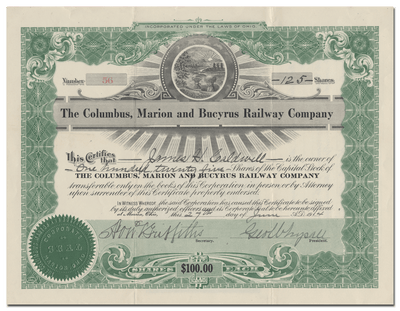 Columbus, Marion and Bucyrus Railway Company Stock Certificate