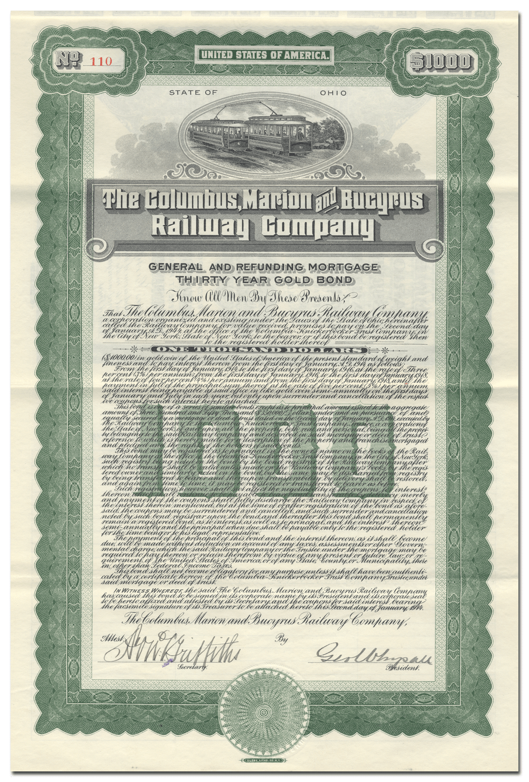 Columbus, Marion and Bucyrus Railway Company Bond Certificate