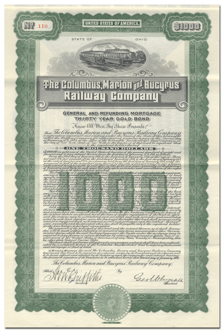 Columbus, Marion and Bucyrus Railway Company Bond Certificate