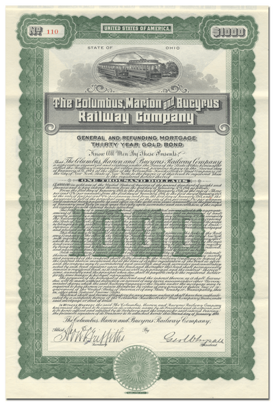 Columbus, Marion and Bucyrus Railway Company Bond Certificate