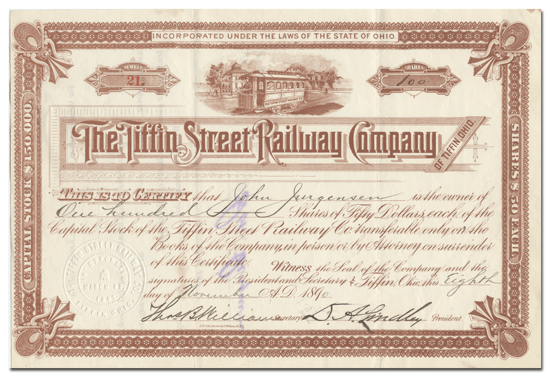 Tiffin Street Railway Company Stock Certificate