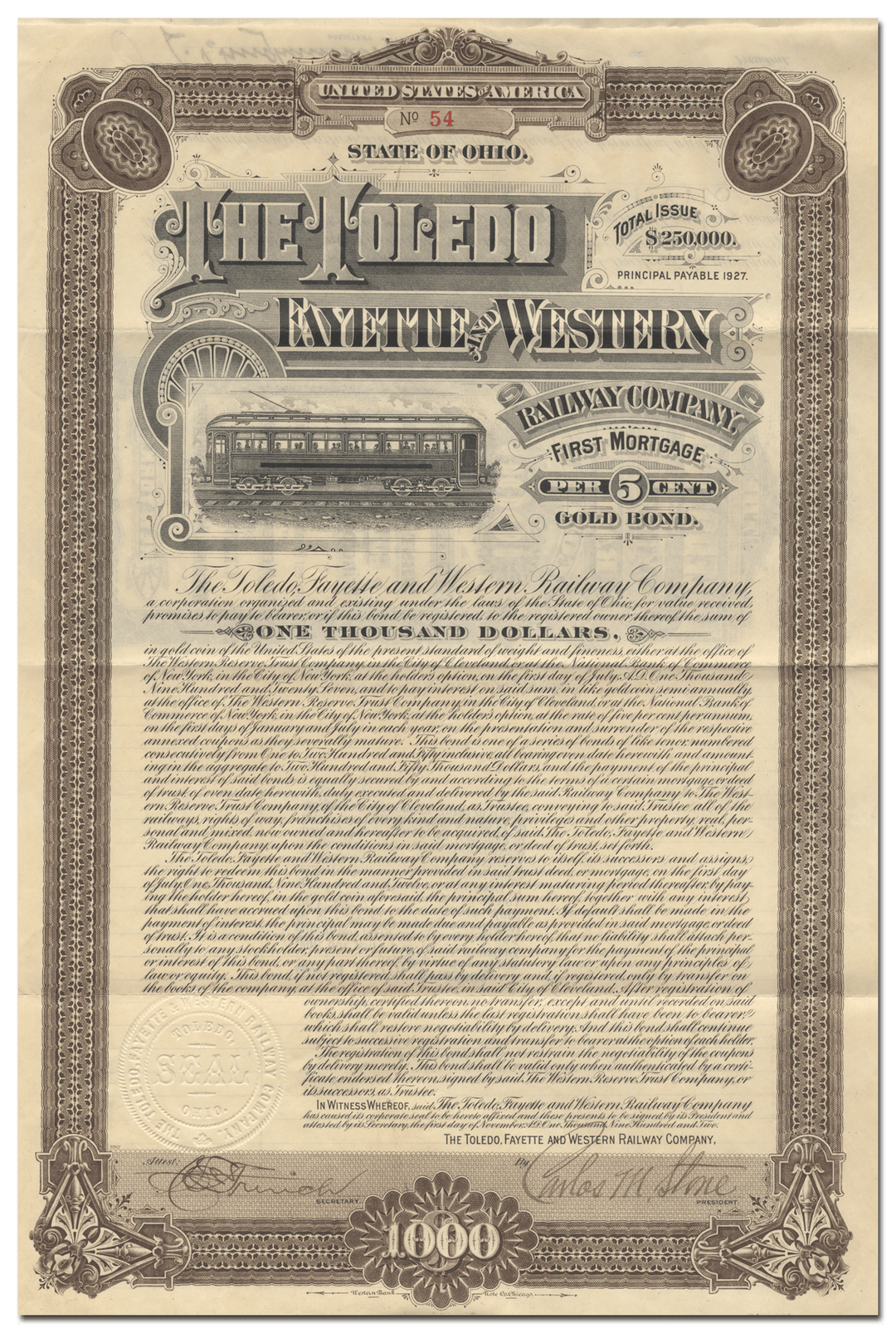 Toledo, Fayette and Western Railway Company Bond Certificate