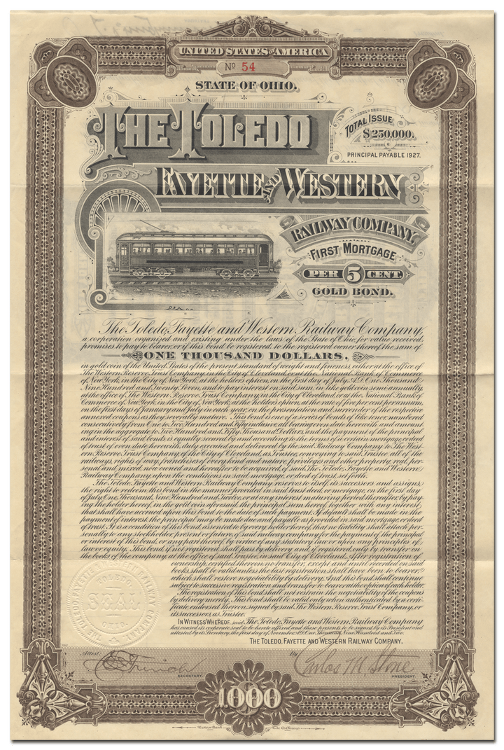 Toledo, Fayette and Western Railway Company Bond Certificate