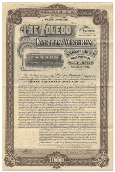 Toledo, Fayette and Western Railway Company Bond Certificate