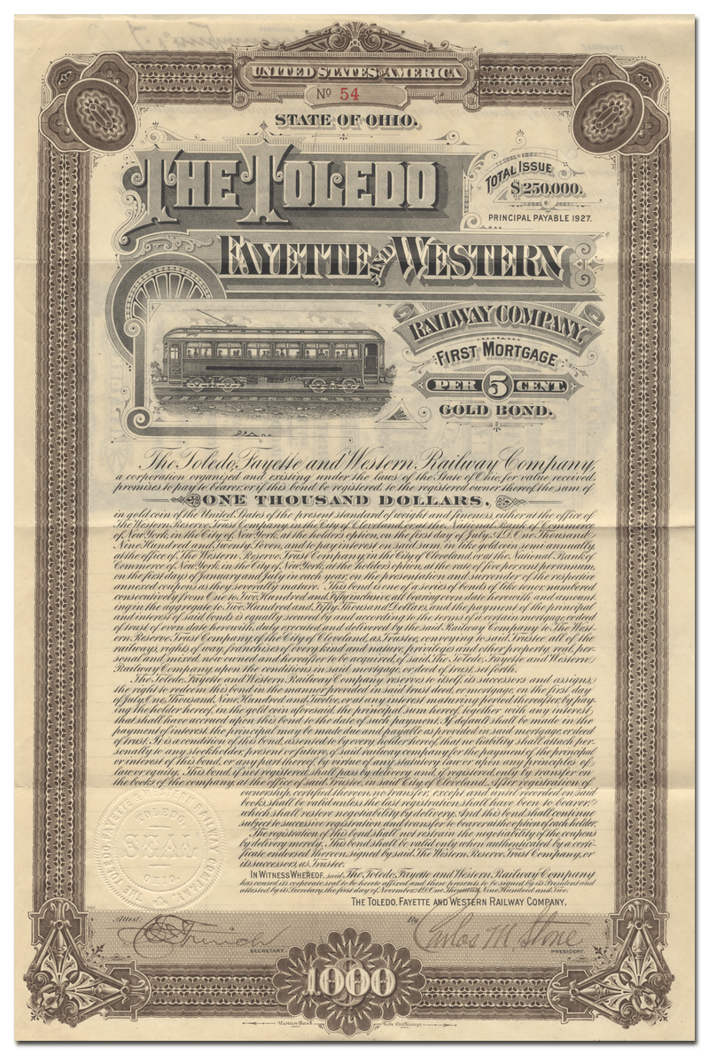 Toledo, Fayette and Western Railway Company Bond Certificate
