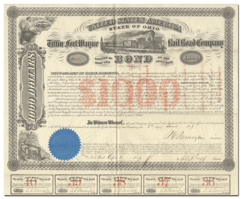 Tiffin and Fort Wayne Rail Road Company Bond Certificate