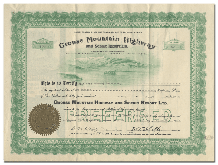 Grouse Mountain Highway and Scenic Resort Limited Stock Certificate