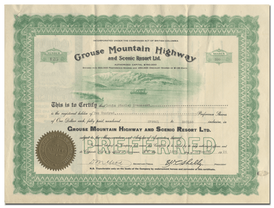 Grouse Mountain Highway and Scenic Resort Limited Stock Certificate