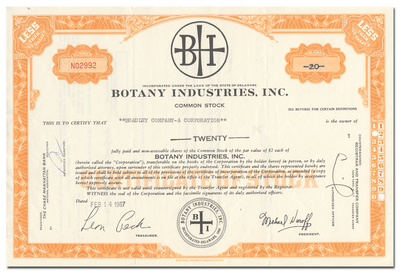 Botany Industries, Inc. Stock Certificate