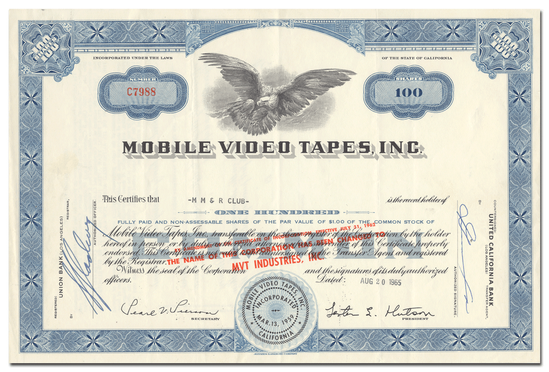 Mobile Video Tapes, Inc. Stock Certificate