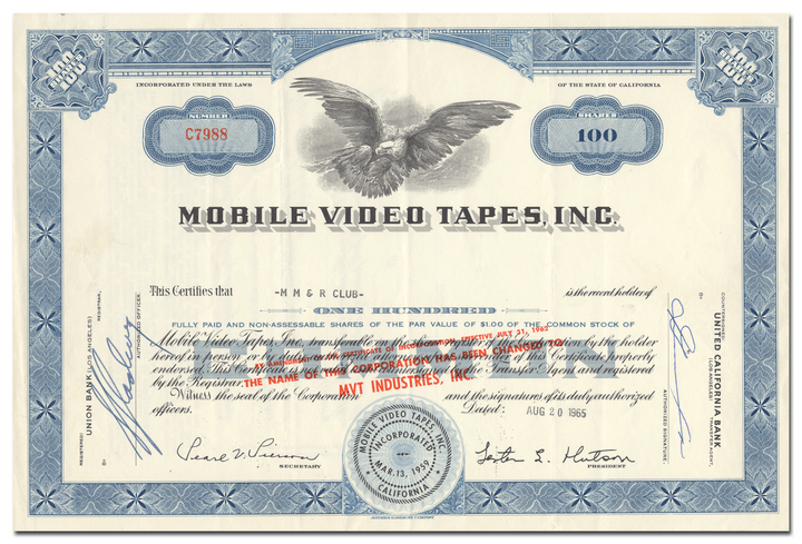 Mobile Video Tapes, Inc. Stock Certificate