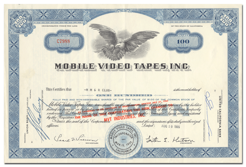 Mobile Video Tapes, Inc. Stock Certificate