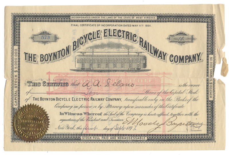 Boynton Bicycle Electric Railway Company Stock Certificate