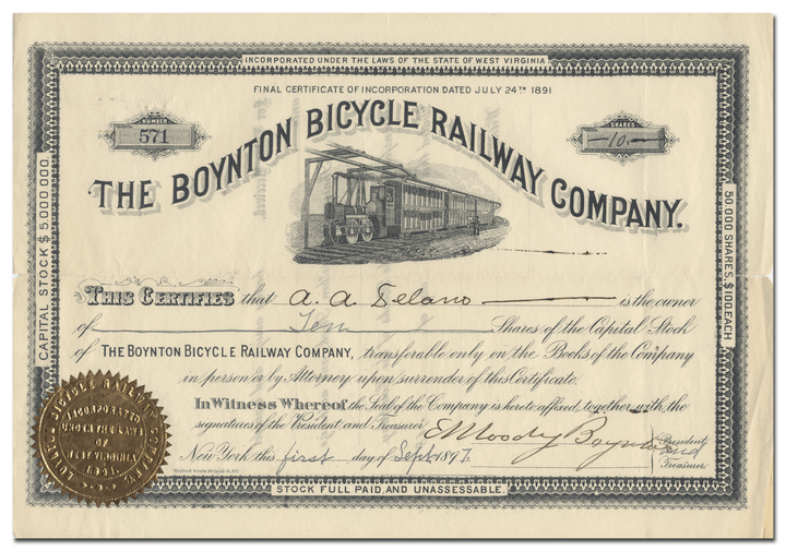 Boynton Bicycle Railway Company Stock Certificate