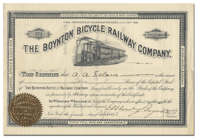 Boynton Bicycle Railway Company Stock Certificate