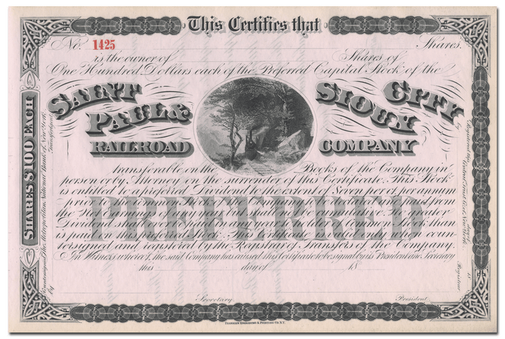 Saint Paul & Sioux City Railroad Company Stock Certificate