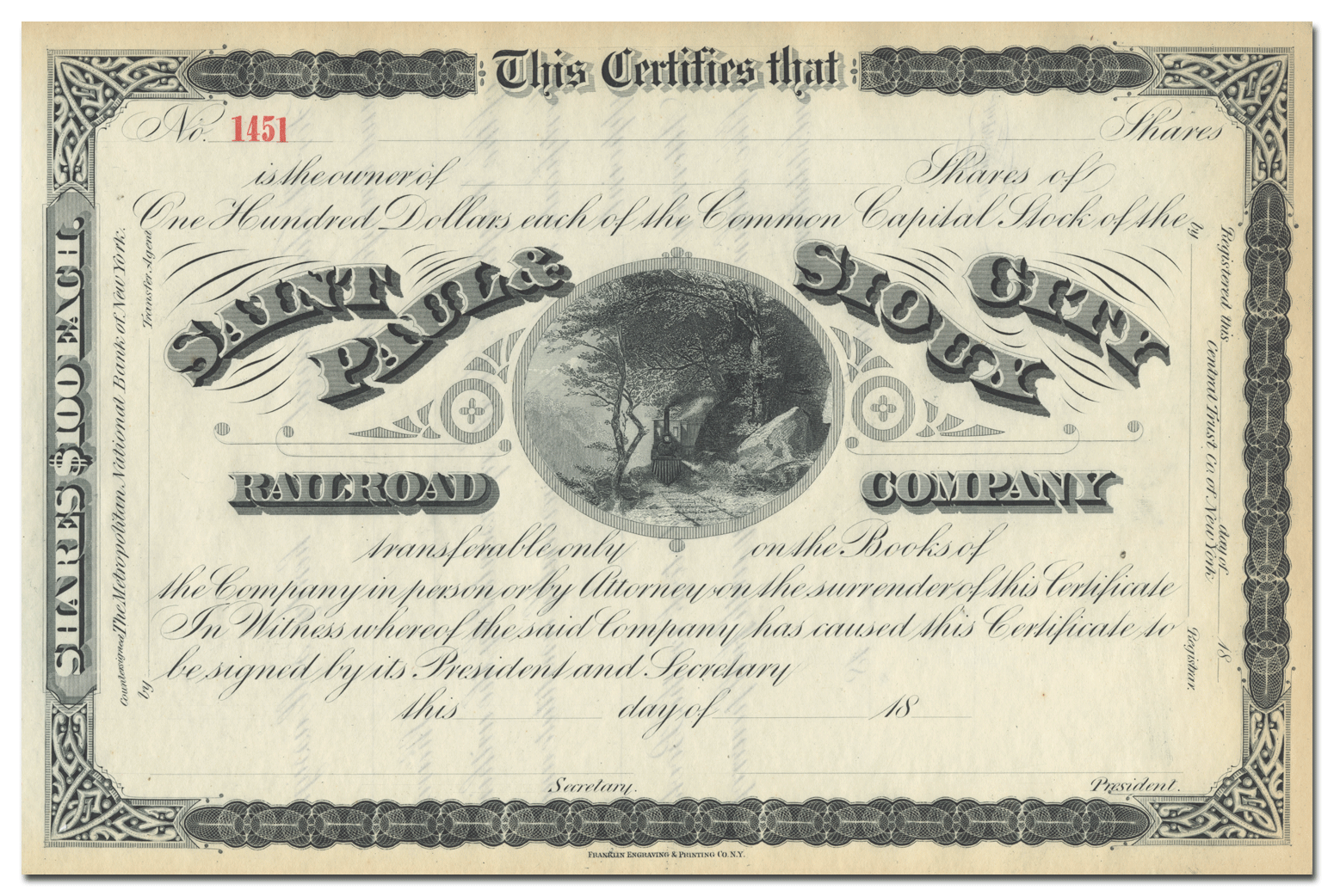 Saint Paul & Sioux City Railroad Company Stock Certificate