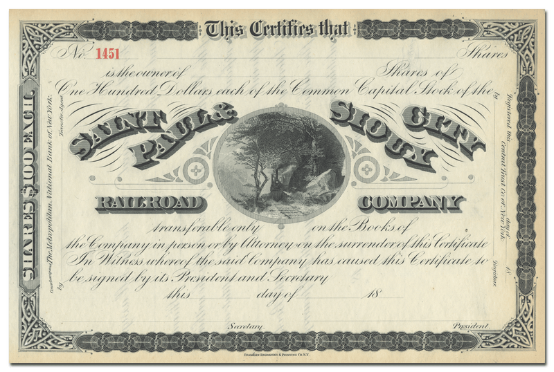 Saint Paul & Sioux City Railroad Company Stock Certificate