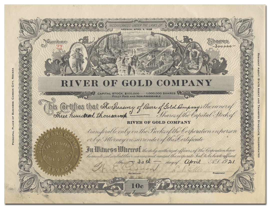 River of Gold Company Stock Certificate