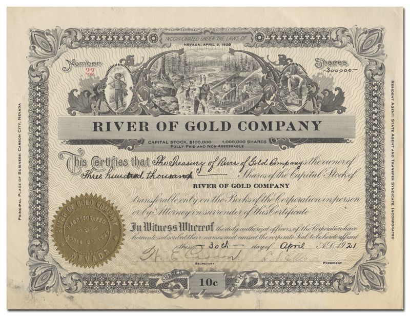 River of Gold Company Stock Certificate