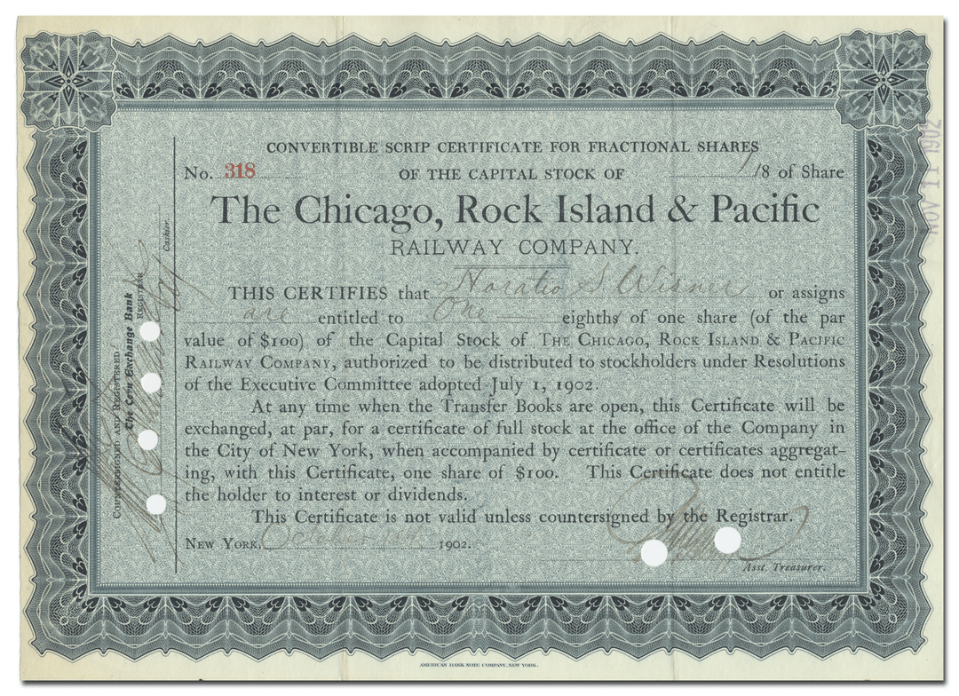 Chicago, Rock Island and Pacific Railway Company Stock Certificate