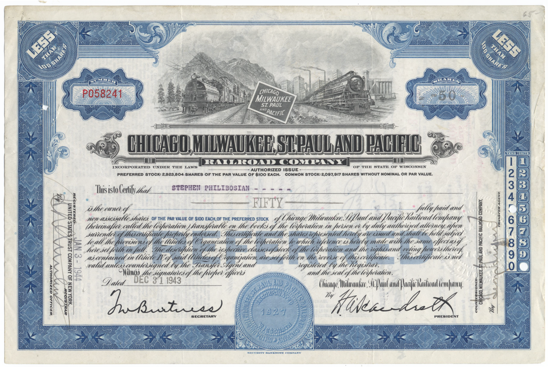 Chicago, Milwaukee, St. Paul and Pacific Railroad Company Stock Certificate