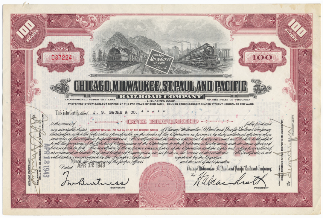 Chicago, Milwaukee, St. Paul and Pacific Railroad Company Stock Certificate