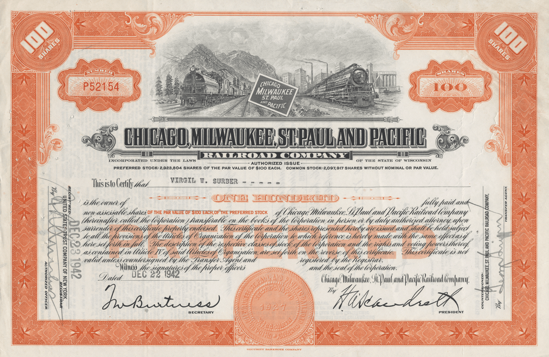 Chicago, Milwaukee, St. Paul and Pacific Railroad Company Stock Certificate