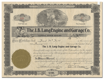 J. B. Lang Engine and Garage Co. Stock Certificate