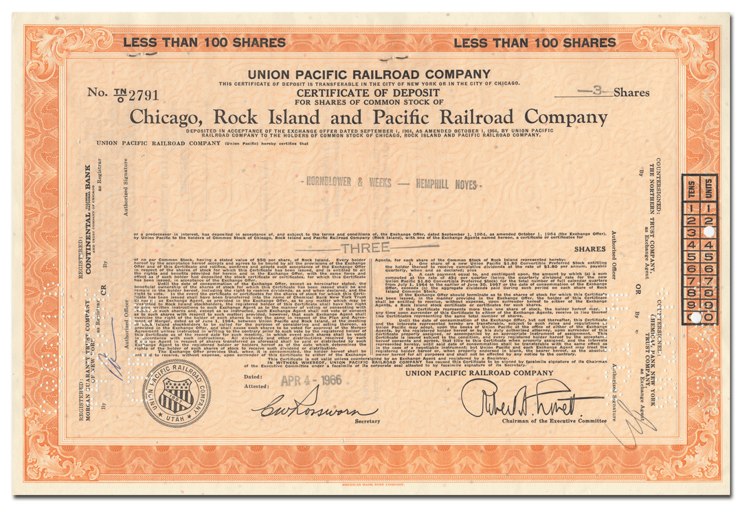 Chicago, Rock Island and Pacific Railroad Company Stock Certificate