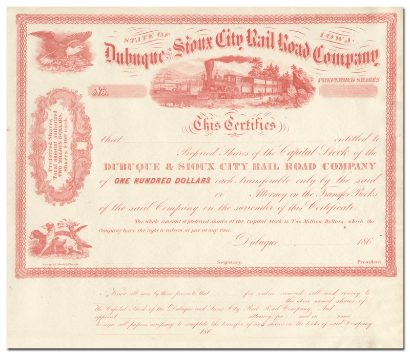 Dubuque and Sioux City Rail Road Company Stock Certificate