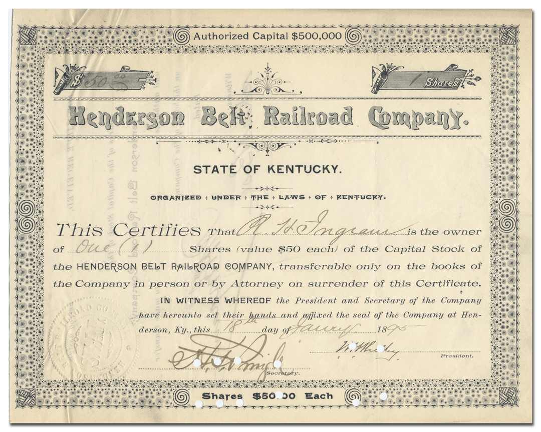 Henderson Belt Railroad Company Stock Certificate