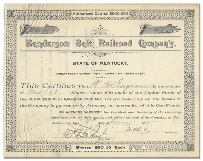 Henderson Belt Railroad Company Stock Certificate