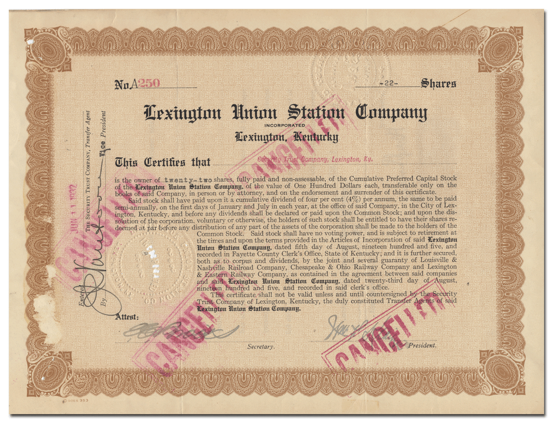 Lexington Union Station Company Stock Certificate