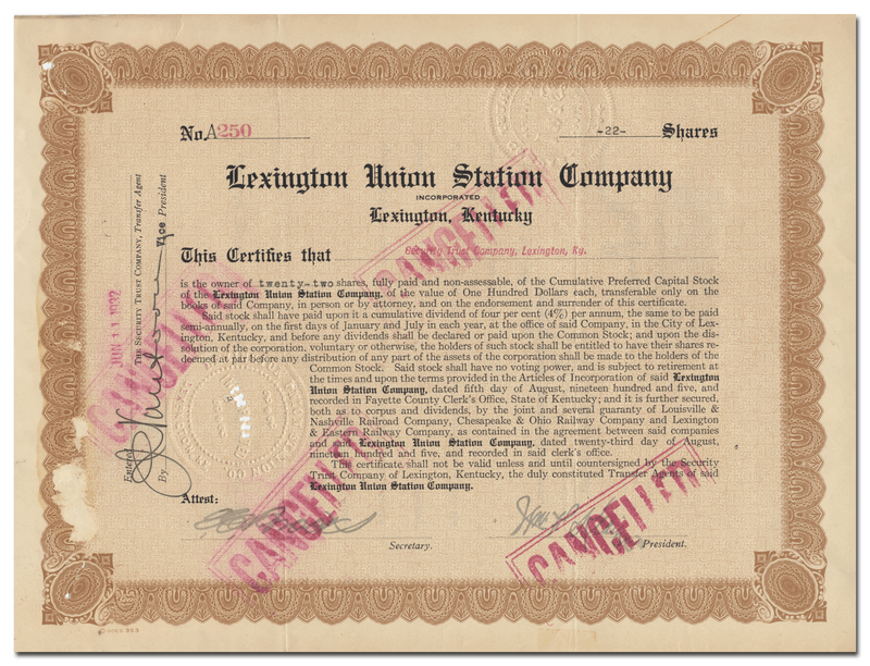 Lexington Union Station Company Stock Certificate