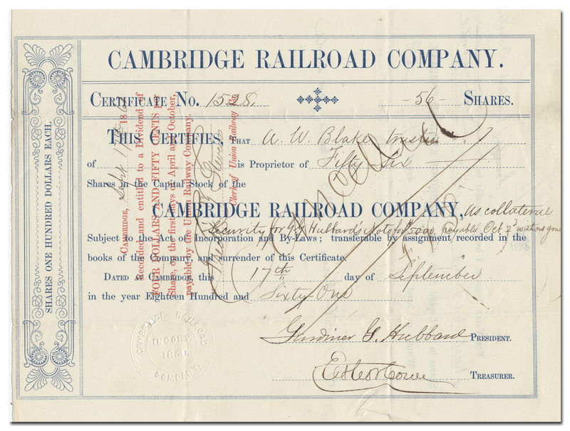 Cambridge Railroad Company Stock Certificate