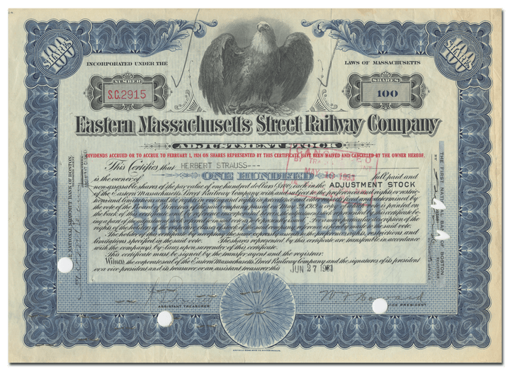 Eastern Massachusetts Street Railway Company Stock Certificate