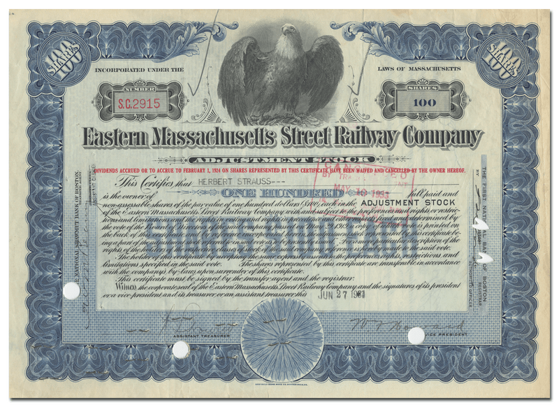 Eastern Massachusetts Street Railway Company Stock Certificate