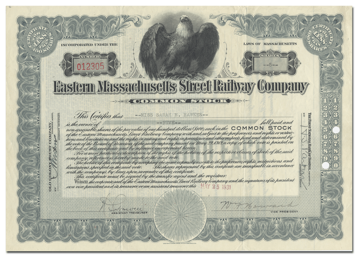 Eastern Massachusetts Street Railway Company Stock Certificate