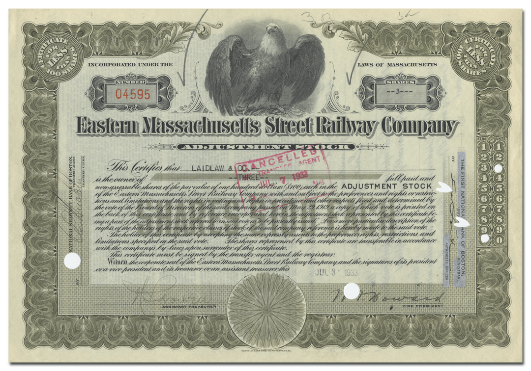 Eastern Massachusetts Street Railway Company Stock Certificate