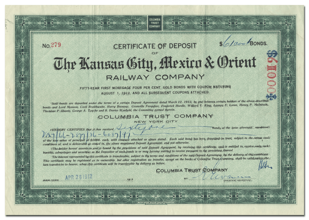 Kansas City, Mexico & Orient Railway Company Certificate of Deposit