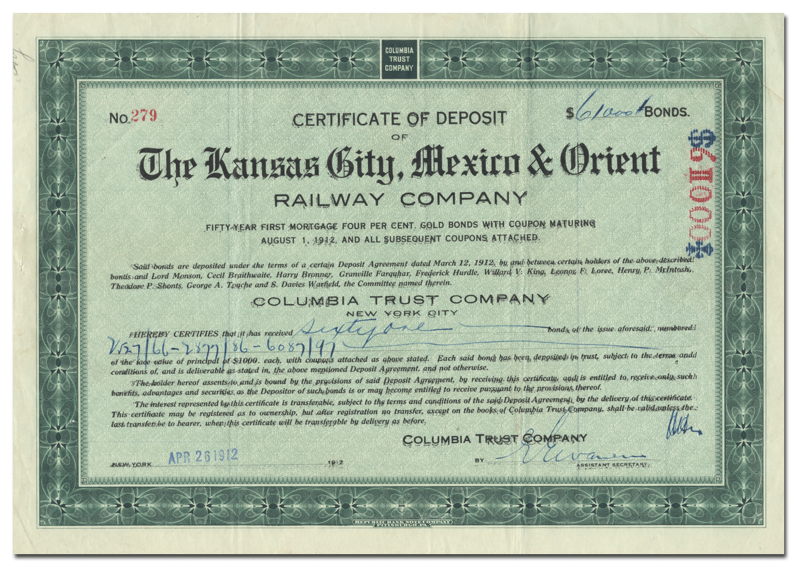 Kansas City, Mexico & Orient Railway Company Stock Certificate Ghosts