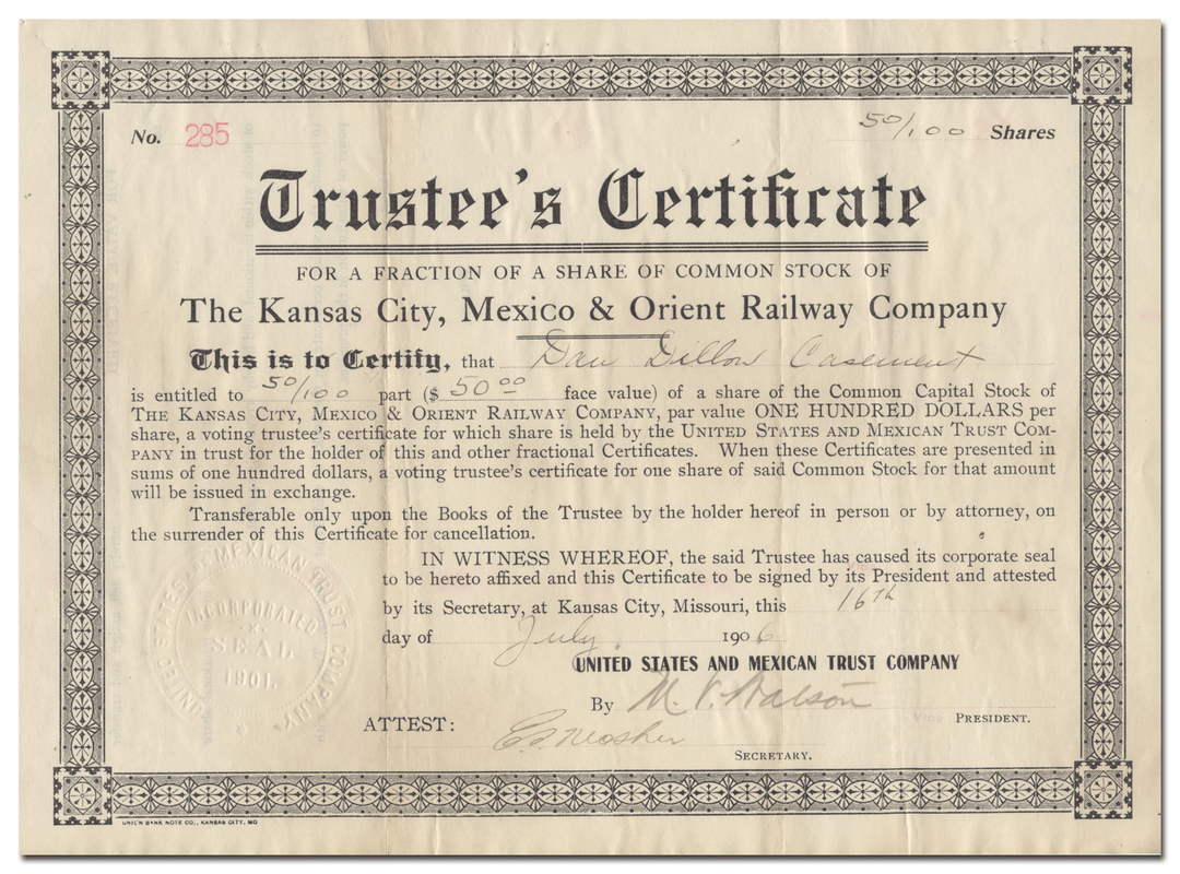 Kansas City, Mexico & Orient Railway Company Stock Certificate