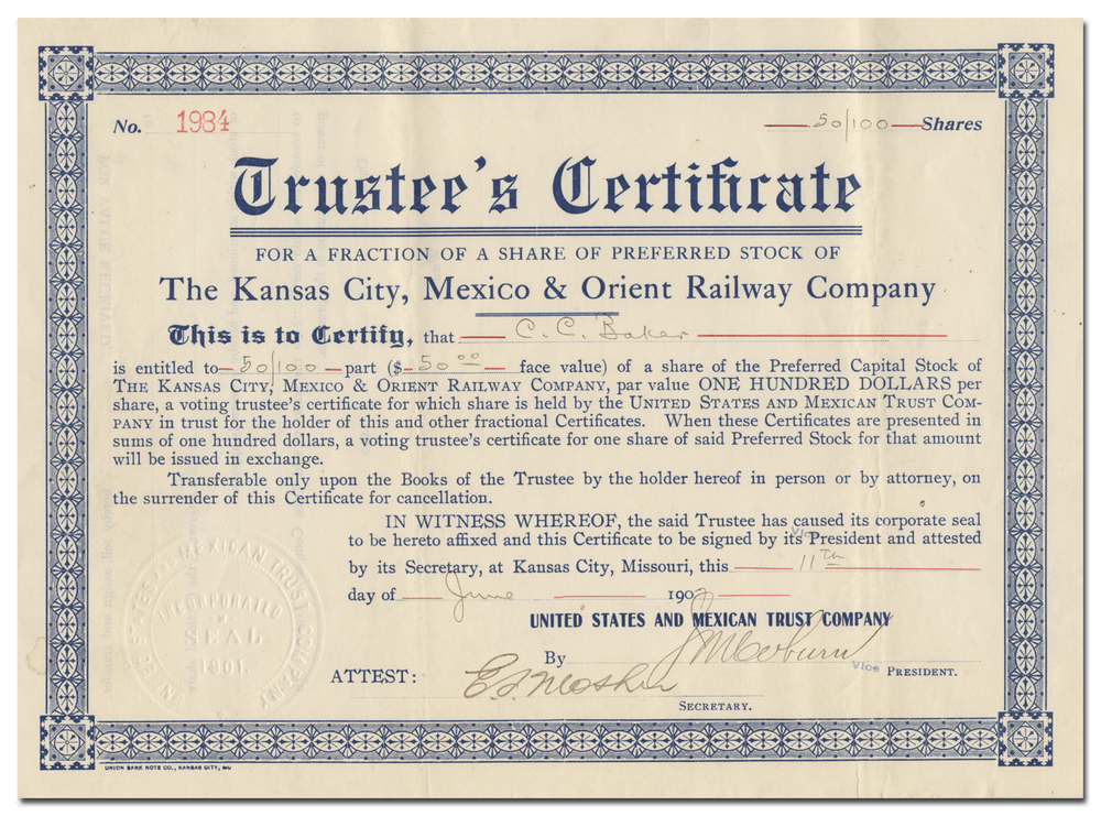 Kansas City, Mexico & Orient Railway Company Stock Certificate