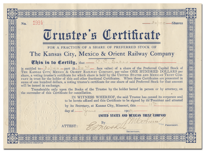 Kansas City, Mexico & Orient Railway Company Stock Certificate