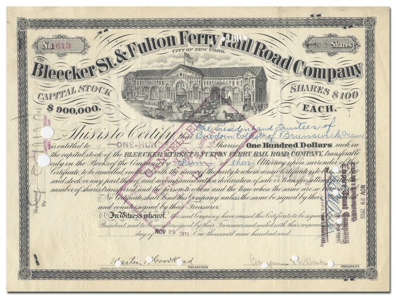 Bleecker St. & Fulton Ferry Rail Road Company Stock Certificate