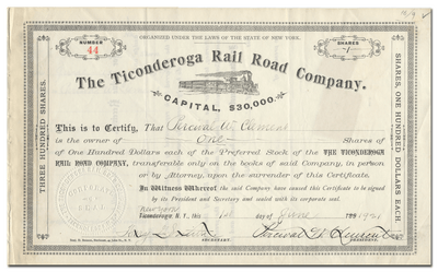 Ticonderoga Rail Road Company Stock Certificate