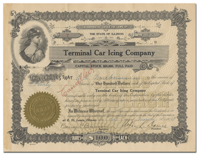Terminal Car Icing Company Stock Certificate