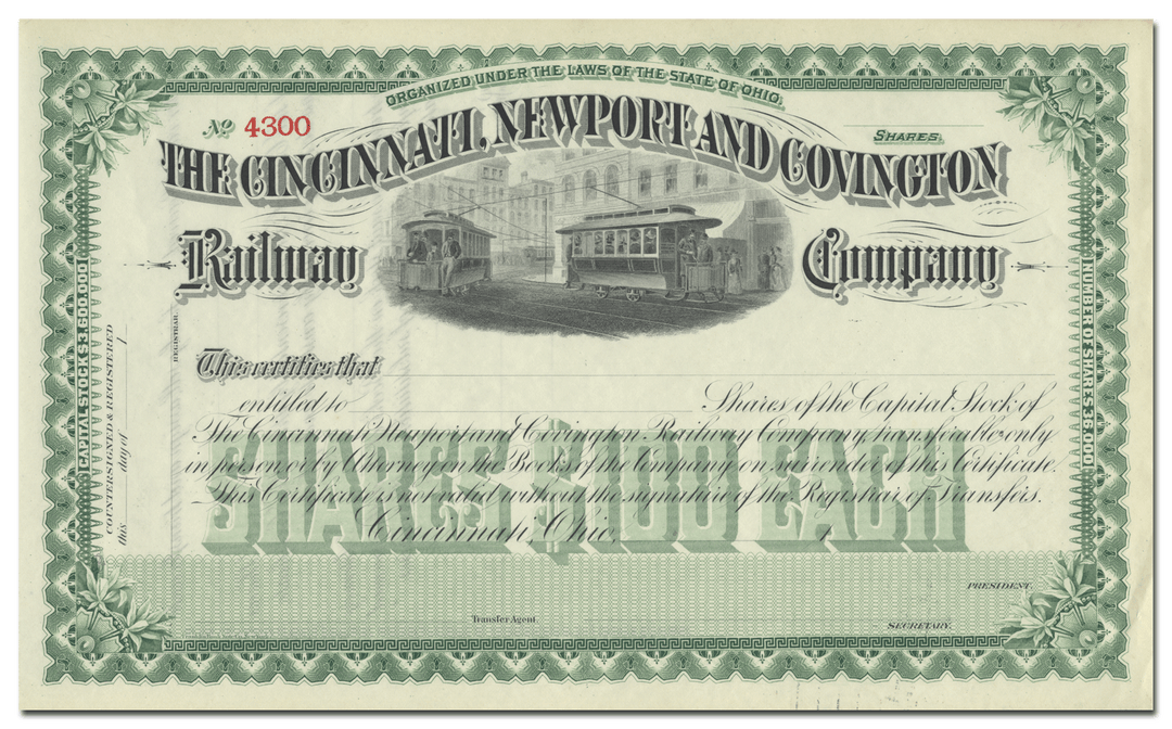 Cincinnati, Newport and Covington Railway Company Stock Certificate