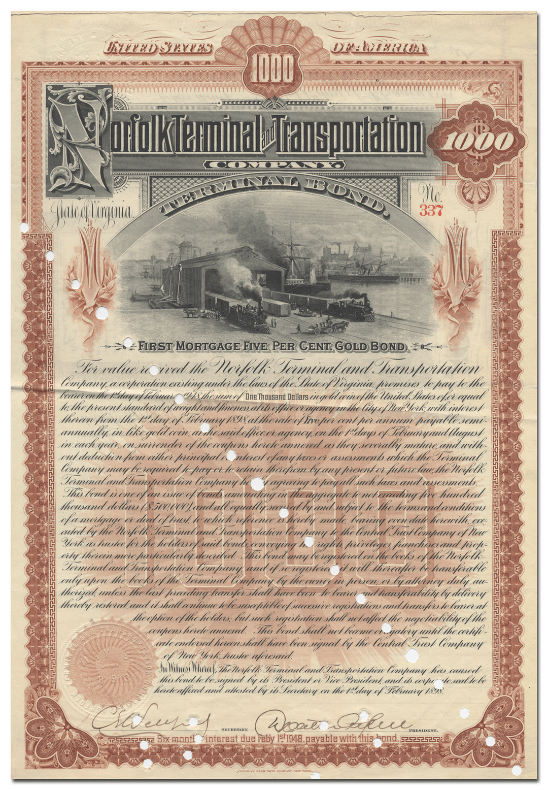 Norfolk Terminal and Transportation Company Bond Certificate